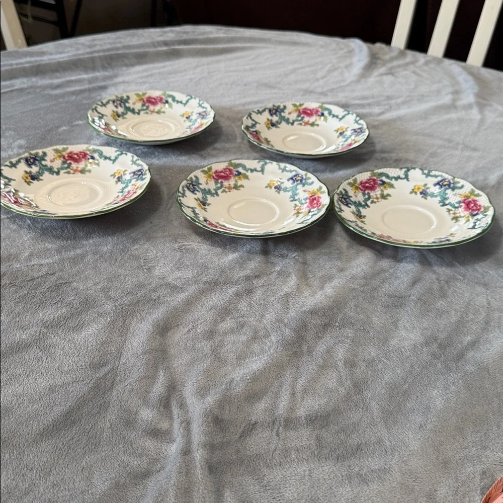 Royal Doulton Floradora Green 1981 Tea Cup Saucer Set of 5 Fine China‎ Vintage